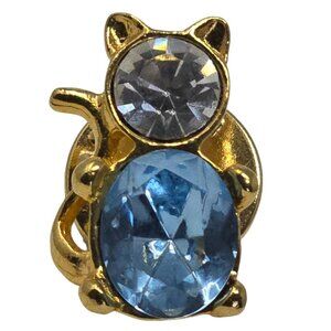 Tiny Cat Rhinestone Brooch Pin – Gold Tone Blue & Clear Crystals